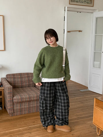 Honko check banding string wide cargo pants